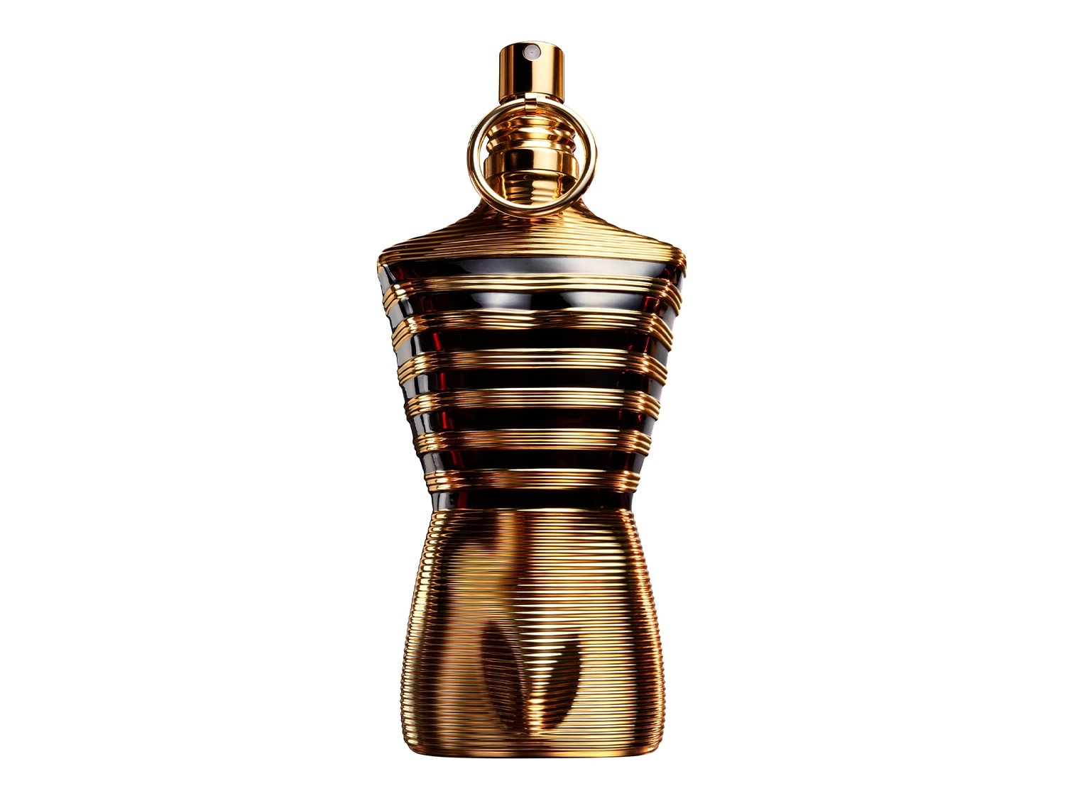 Eine goldfarbene Parfümflasche in Form eines männlichen Torsos, umhüllt von goldenen Streifen, die ein luxuriöses und auffälliges Design präsentieren.