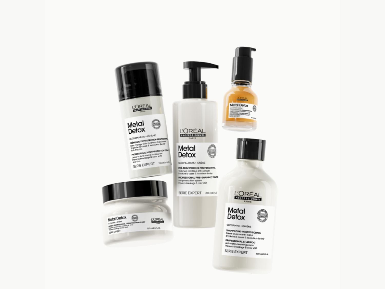 Řada Metal Detox od L'Oréal Professionnel Paris nabízí produkty v bílých obalech s černými detaily, které chrání vlasy před poškozením a zachovávají barvu.