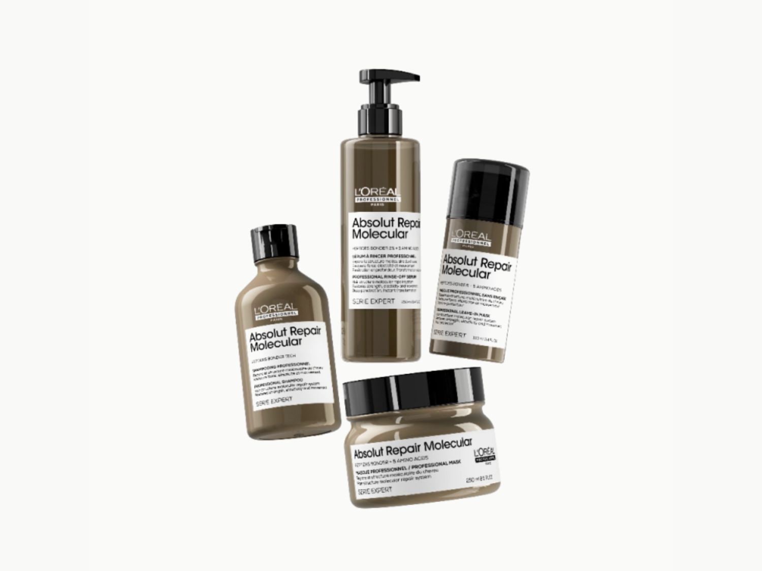 Řada vlasové kosmetiky L'Oréal Professionnel Absolut Repair Molecular v hnědých obalech, která zahrnuje šampon, sérum, masku a bezoplachovou péči.