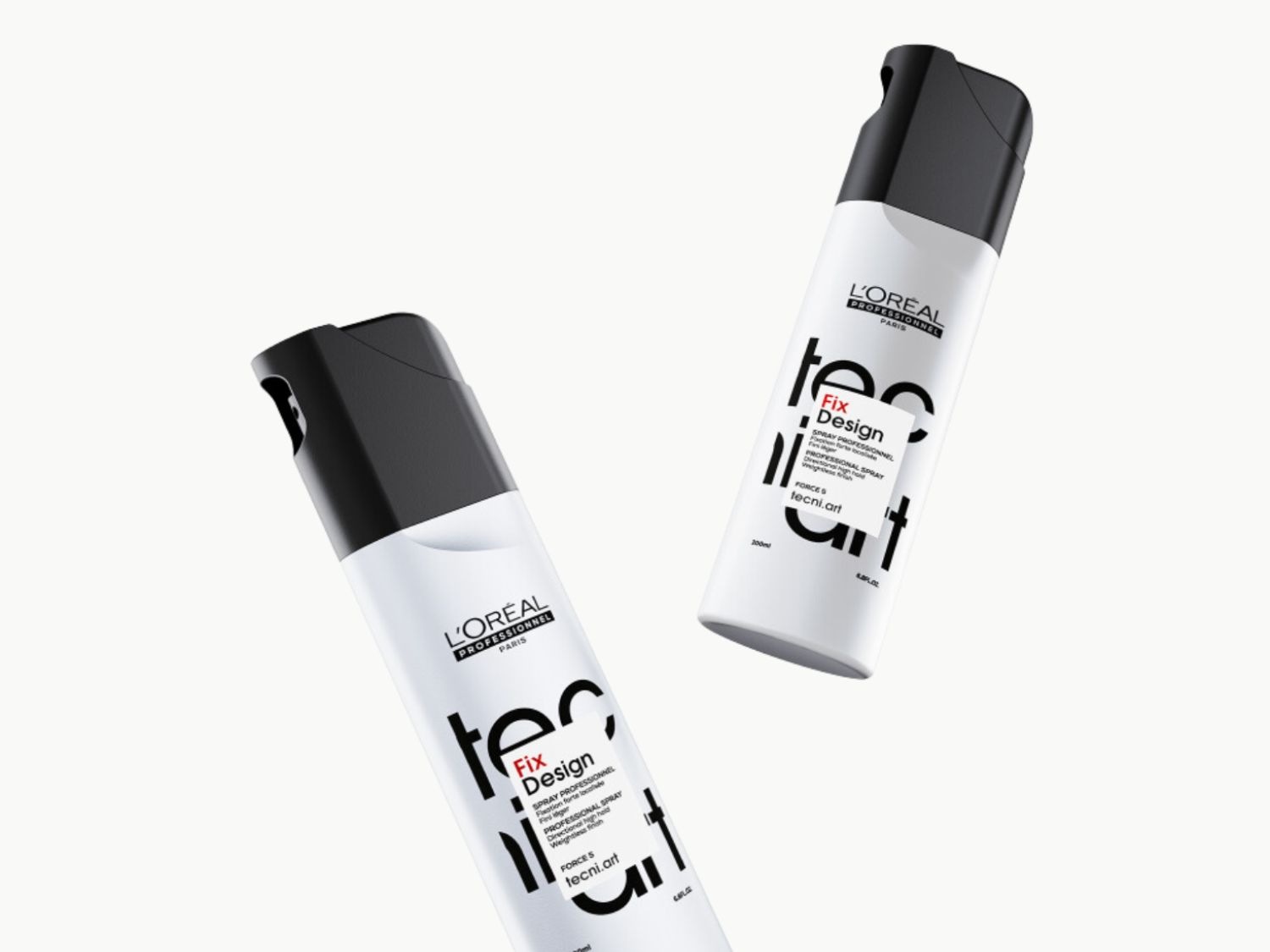Dve biele fľaše L'Oréal Tecni.Art Fix Design s čiernym vrchnákom, ktoré poskytujú silnú fixáciu a ľahký finiš pre profesionálny styling.