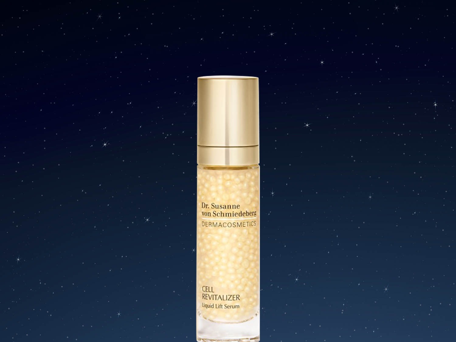 Serum do twarzy Dr. Susanne von Schmiedeberg CELL REVITALIZER Liquid Lift Serum w przezroczystej butelce ze złotą nakrętką, zawierające perły serum, które zapewniają efekt liftingu i rewitalizacji.