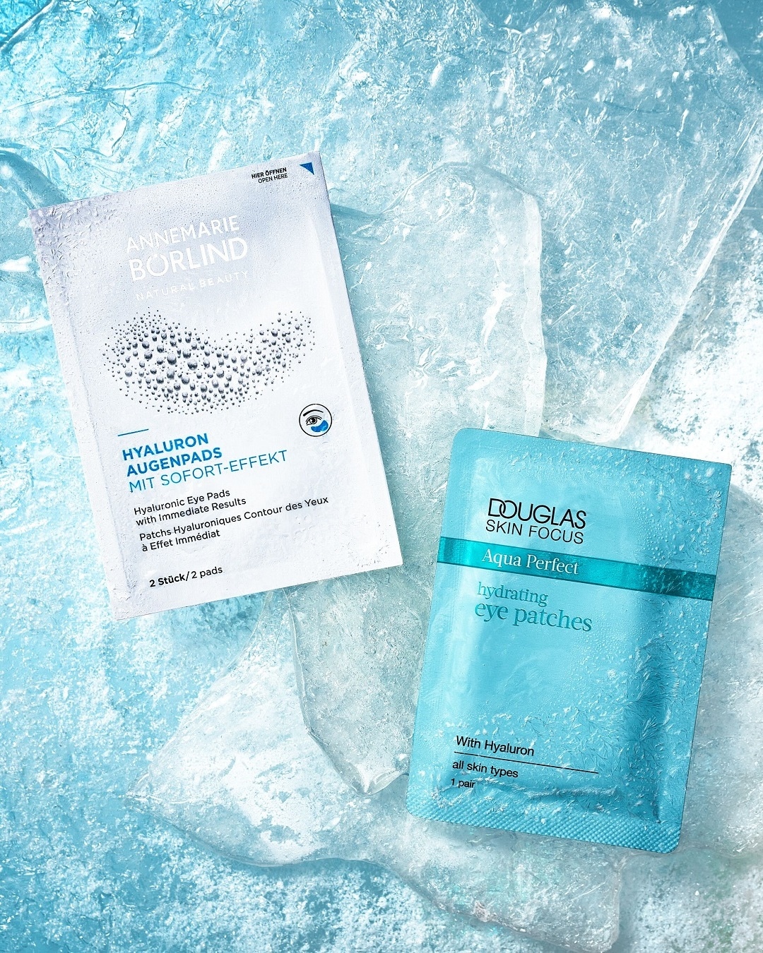 Die feuchtigkeitsspendenden Augenpads von Annemarie Börlind und Douglas Skin Focus Aqua Perfect mit Hyaluron für alle Hauttypen sorgen für einen sofortigen Effekt.