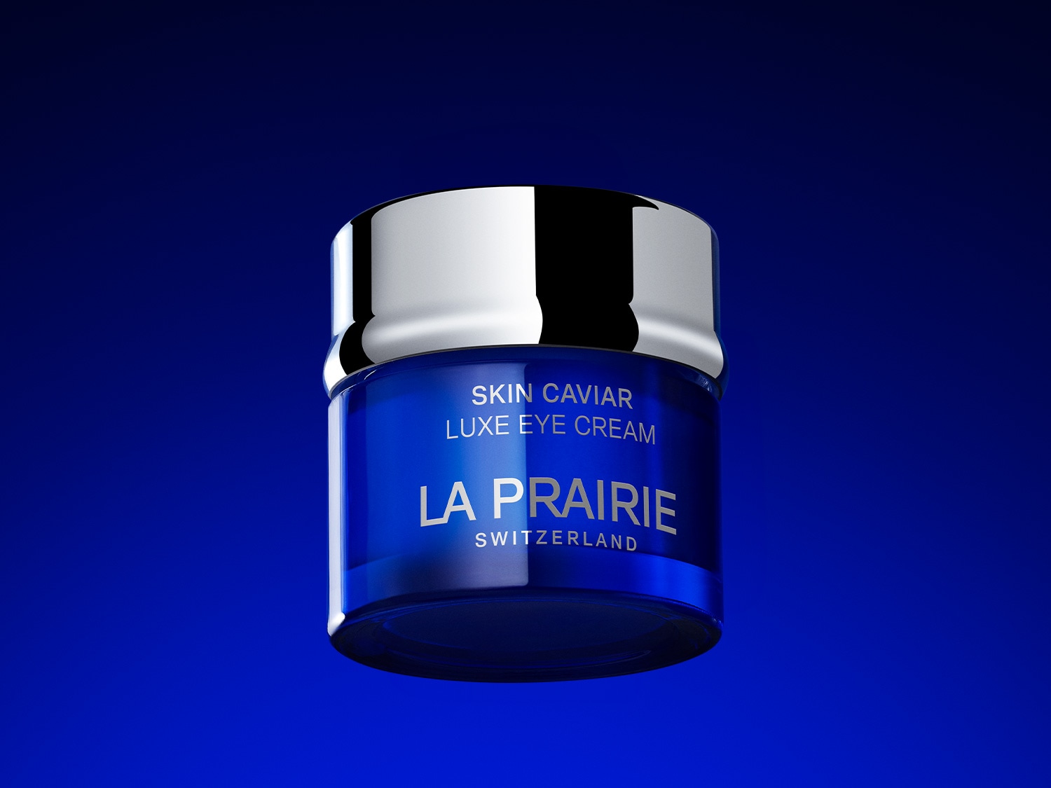 Blaue La Prairie Skin Caviar Luxe Eye Cream Dose mit silbernem Deckel, die luxuriöse und feuchtigkeitsspendende Augenpflege.