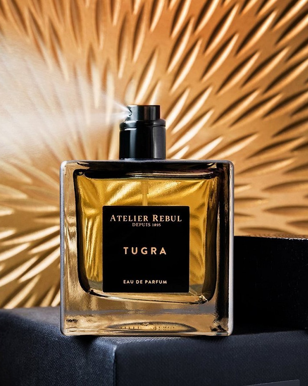 Voici le parfum TUGRA d'Atelier Rebul, présenté dans un flacon carré en verre transparent avec un bouchon noir, sur un fond doré texturé.