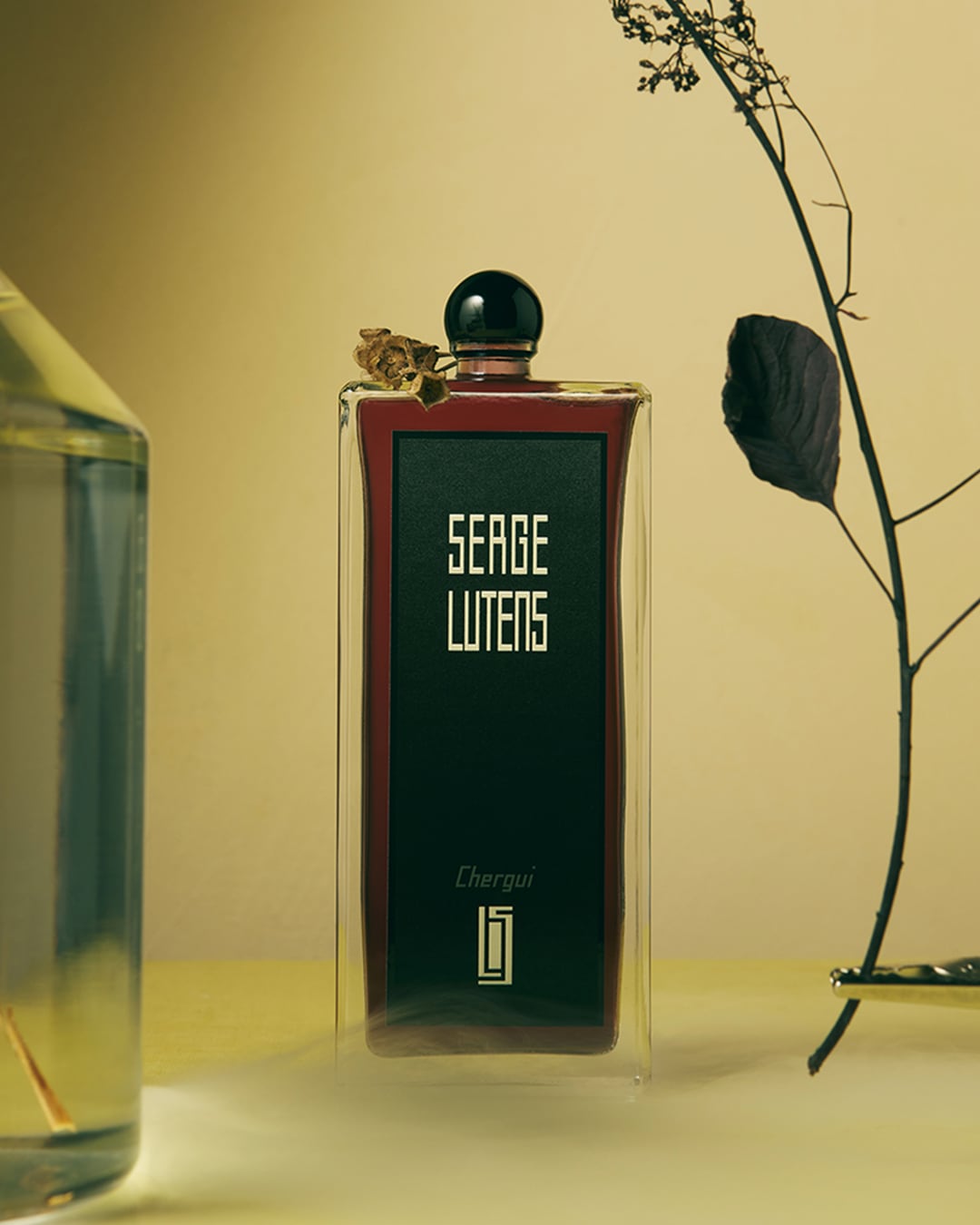 Découvrez le parfum Chergui de Serge Lutens, présenté dans un flacon rectangulaire élégant avec un bouchon noir brillant, évoquant le luxe et le mystère.