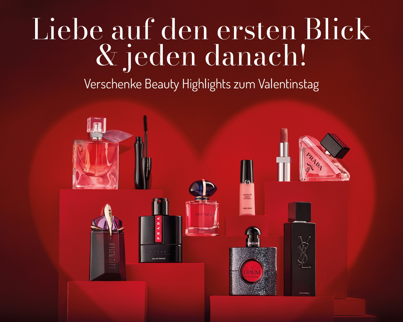 Découvrez une sélection de produits de beauté pour la Saint-Valentin, incluant des parfums de marques renommées comme Lancôme, Prada et Yves Saint Laurent.
