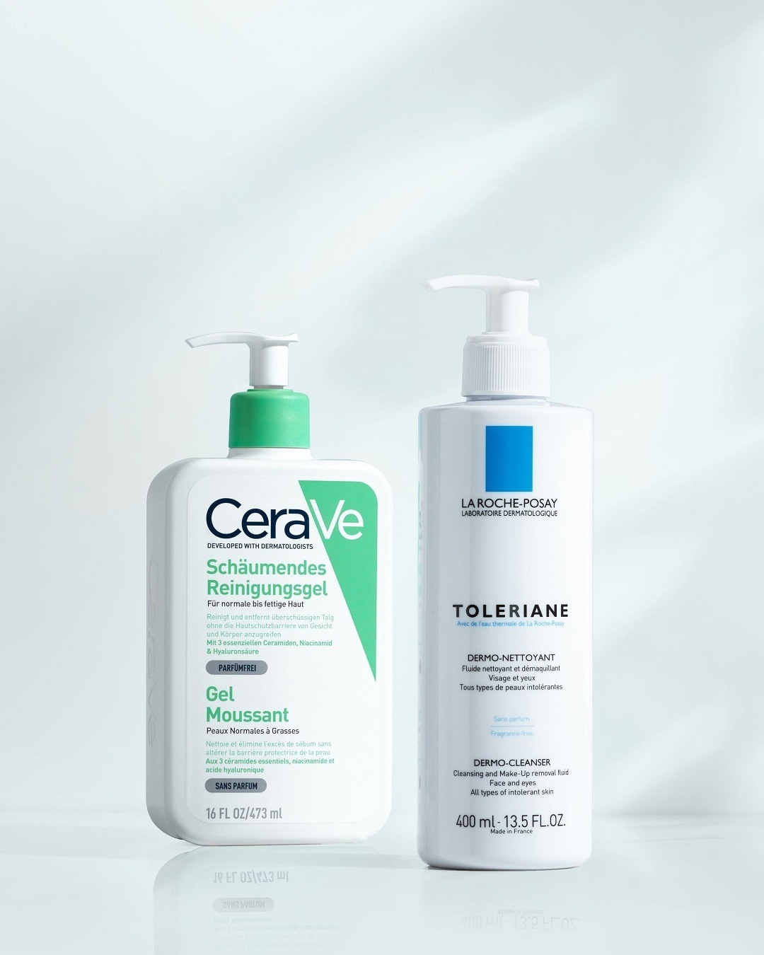 Voici deux nettoyants pour le visage : CeraVe, un gel moussant pour les peaux normales à grasses, et La Roche-Posay Toleriane, un fluide démaquillant pour tous les types de peaux.