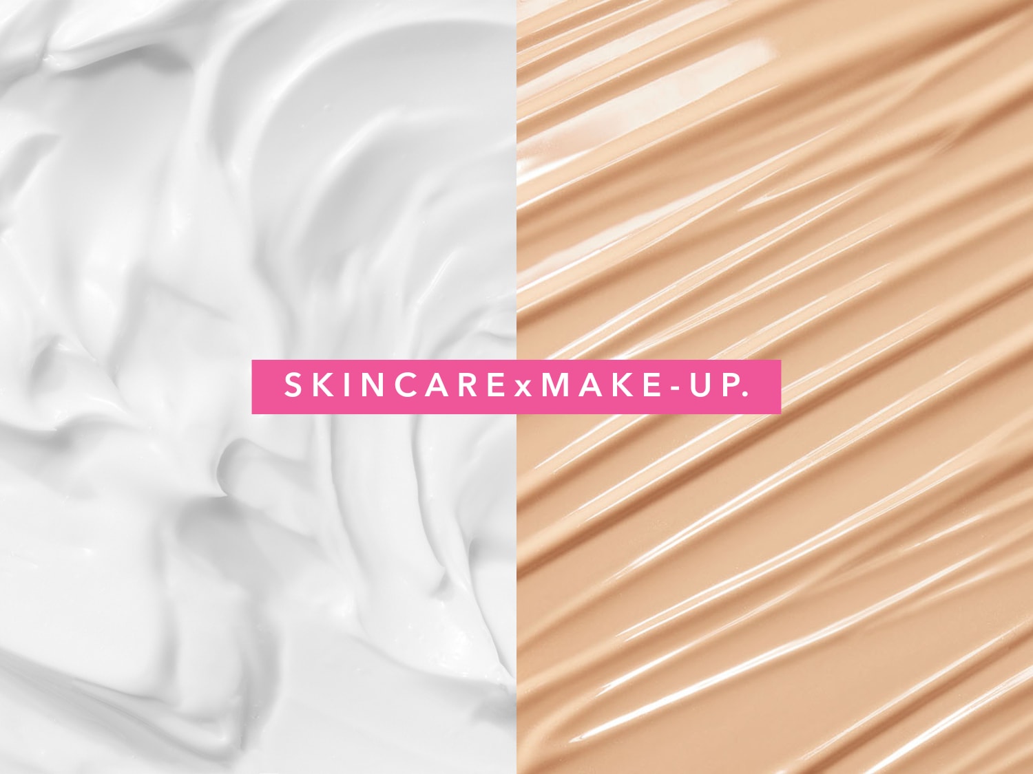 Švelnios tekstūros baltas odos priežiūros kremas ir kreminės tekstūros makiažo pagrindas su užrašu SKINCARE X MAKE-UP.