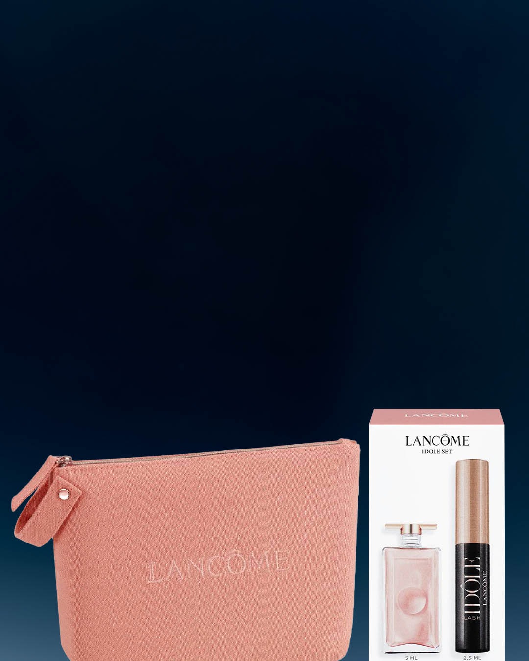 Różowa kosmetyczka Lancôme z zestawem Idôle, zawierającym perfumy i tusz do rzęs, idealna na podróż lub jako prezent.