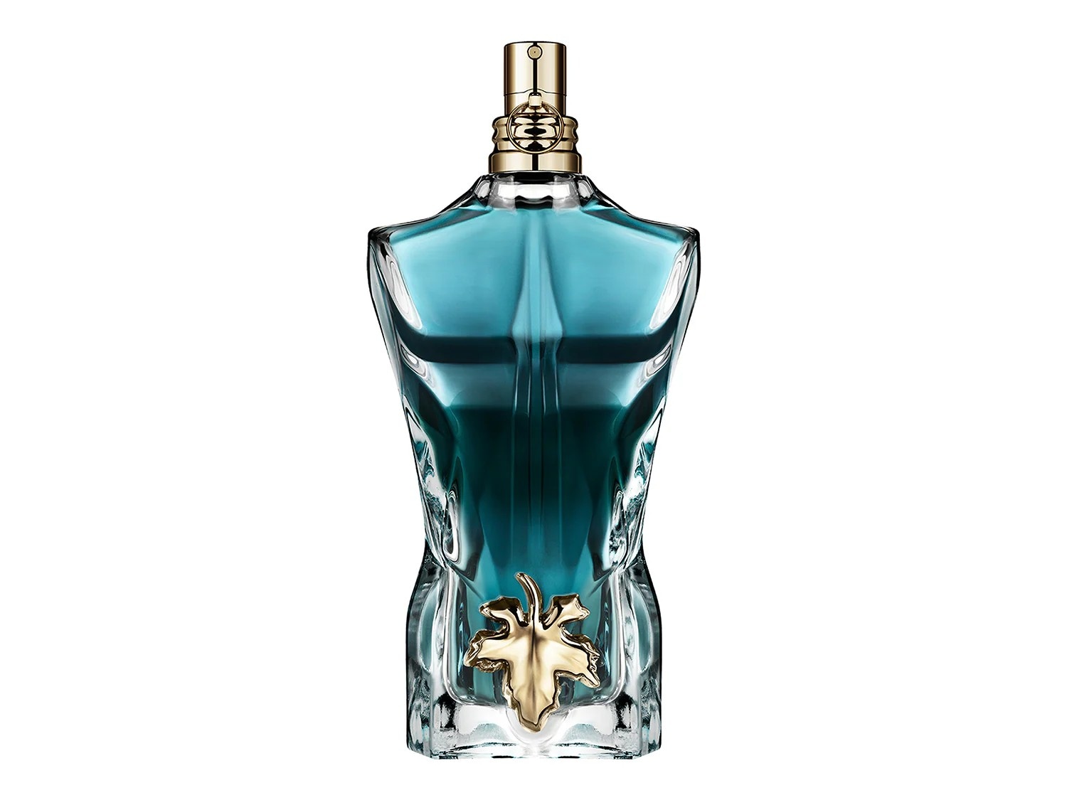 Das Jean Paul Gaultier Le Beau Eau de Toilette präsentiert sich in einem türkisfarbenen Flakon in Form eines Männeroberkörpers mit goldenem Feigenblatt.