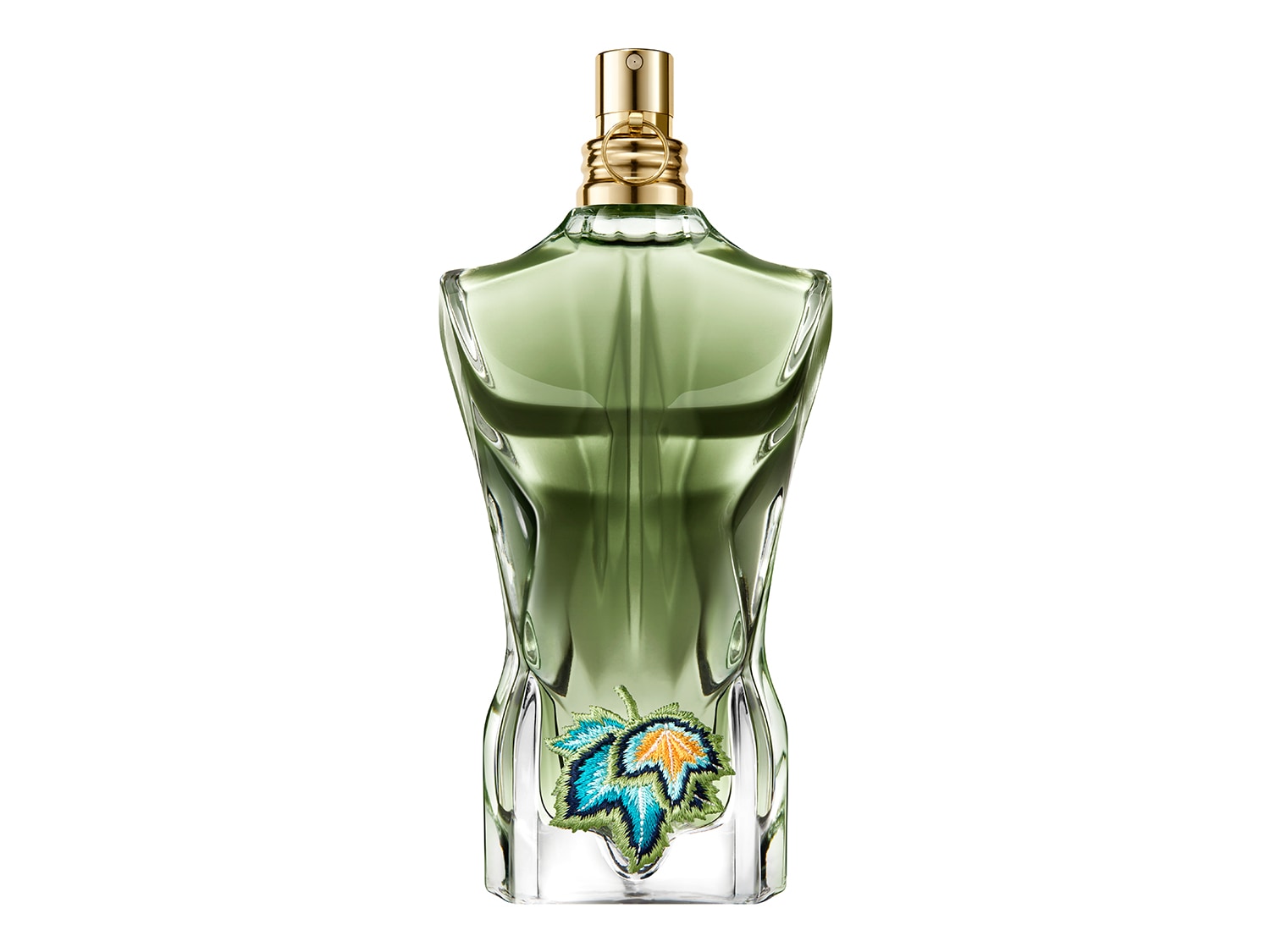 Grüner Parfümflakon in Form eines Männeroberkörpers mit goldenem Sprühkopf und blau-gelber Blattapplikation.
