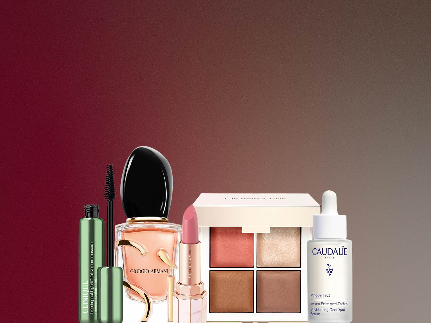 Kolekcja kosmetyków do makijażu i pielęgnacji skóry, w tym tusz do rzęs Clinique, perfumy Giorgio Armani, szminka Dear Dahlia, paleta do makijażu Dr Irena Eris i serum Caudalie.