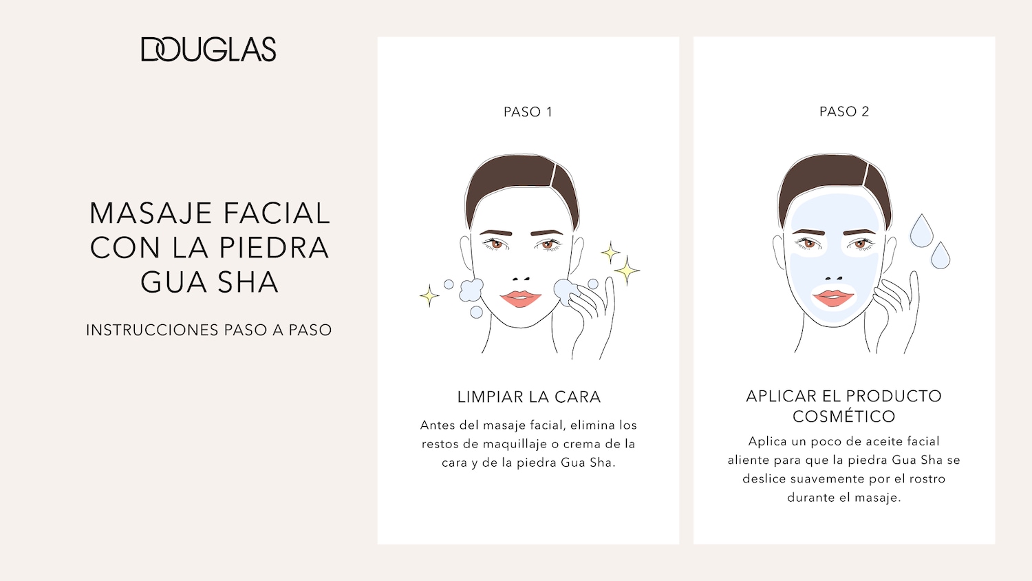 Tutorial de Douglas para un masaje facial con la piedra Gua Sha, que incluye instrucciones paso a paso.