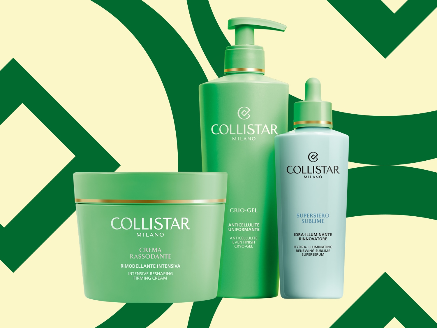Odkryj zestaw Collistar Milano, w skład którego wchodzą: intensywnie ujędrniający krem do ciała, antycellulitowy żel-krio oraz rozświetlające serum do ciała, wszystkie w eleganckich zielonych opakowaniach.