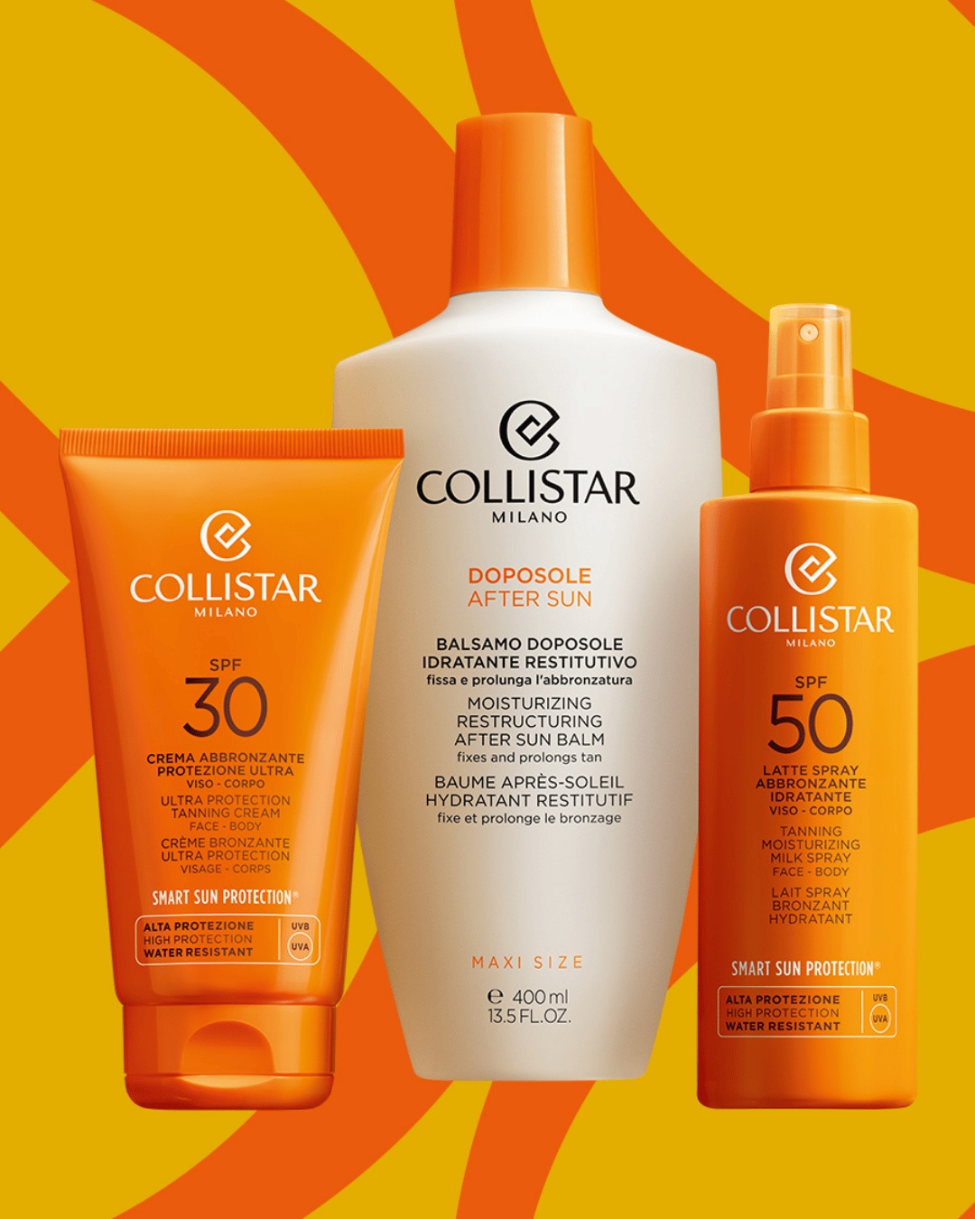 Zestaw Collistar Milano do opalania i po opalaniu, zawierający krem do opalania SPF 30, balsam po opalaniu 400 ml oraz mleczko w sprayu SPF 50, wszystkie w pomarańczowych i białych opakowaniach.