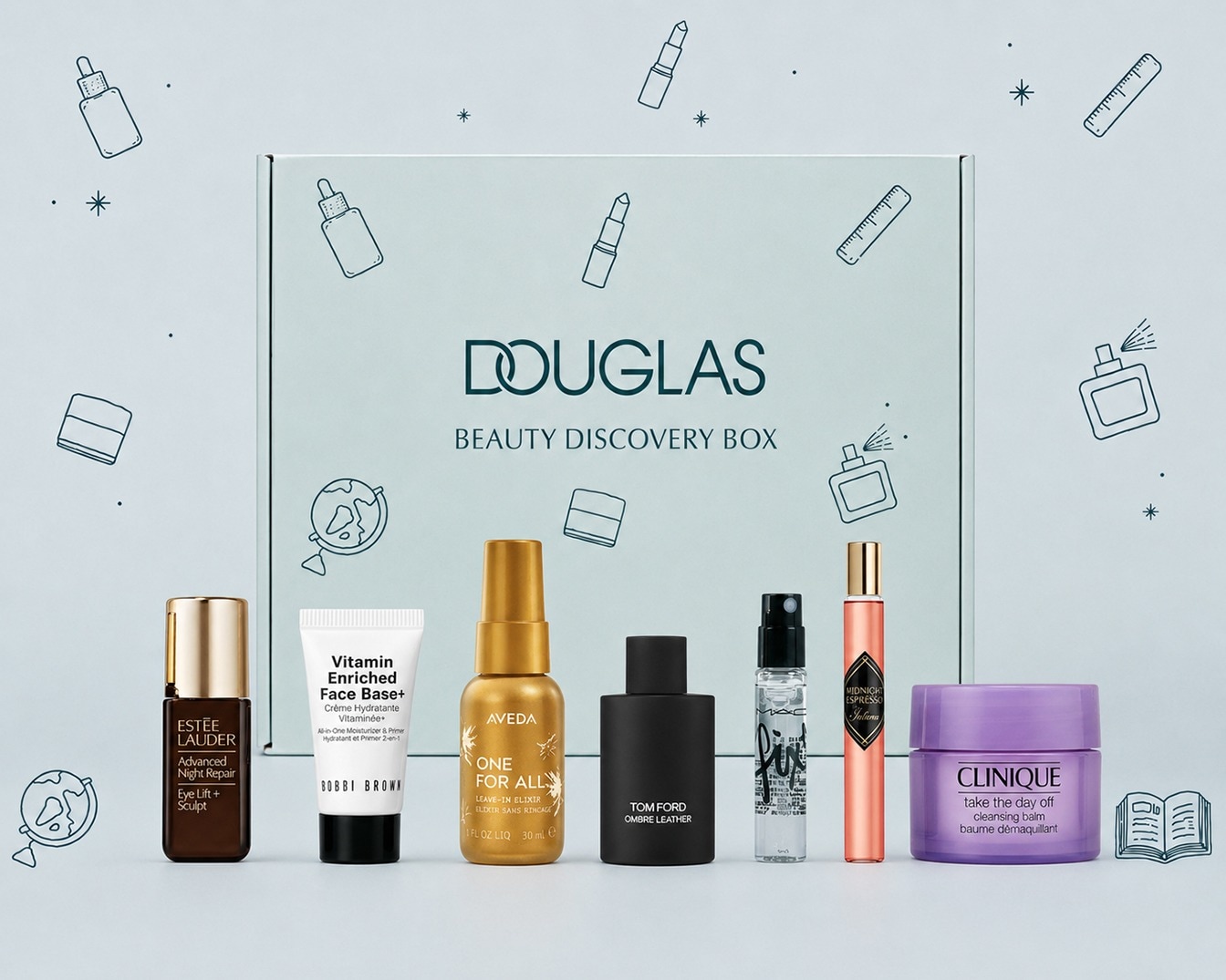 Découvrez la Douglas Beauty Discovery Box, une sélection de produits de beauté essentiels, incluant des soins pour les yeux, une base de teint, un élixir capillaire, un parfum et un baume démaquillant, présentés sur un fond bleu clair orné de motifs de produits de beauté.