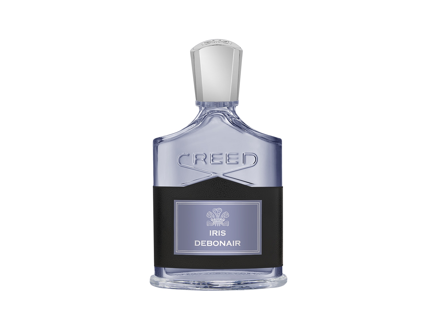 Perfumy Creed Iris Debonair w przezroczystej butelce z czarną etykietą i srebrną zakrętką, z wytłoczonym napisem „CREED” na górze butelki.