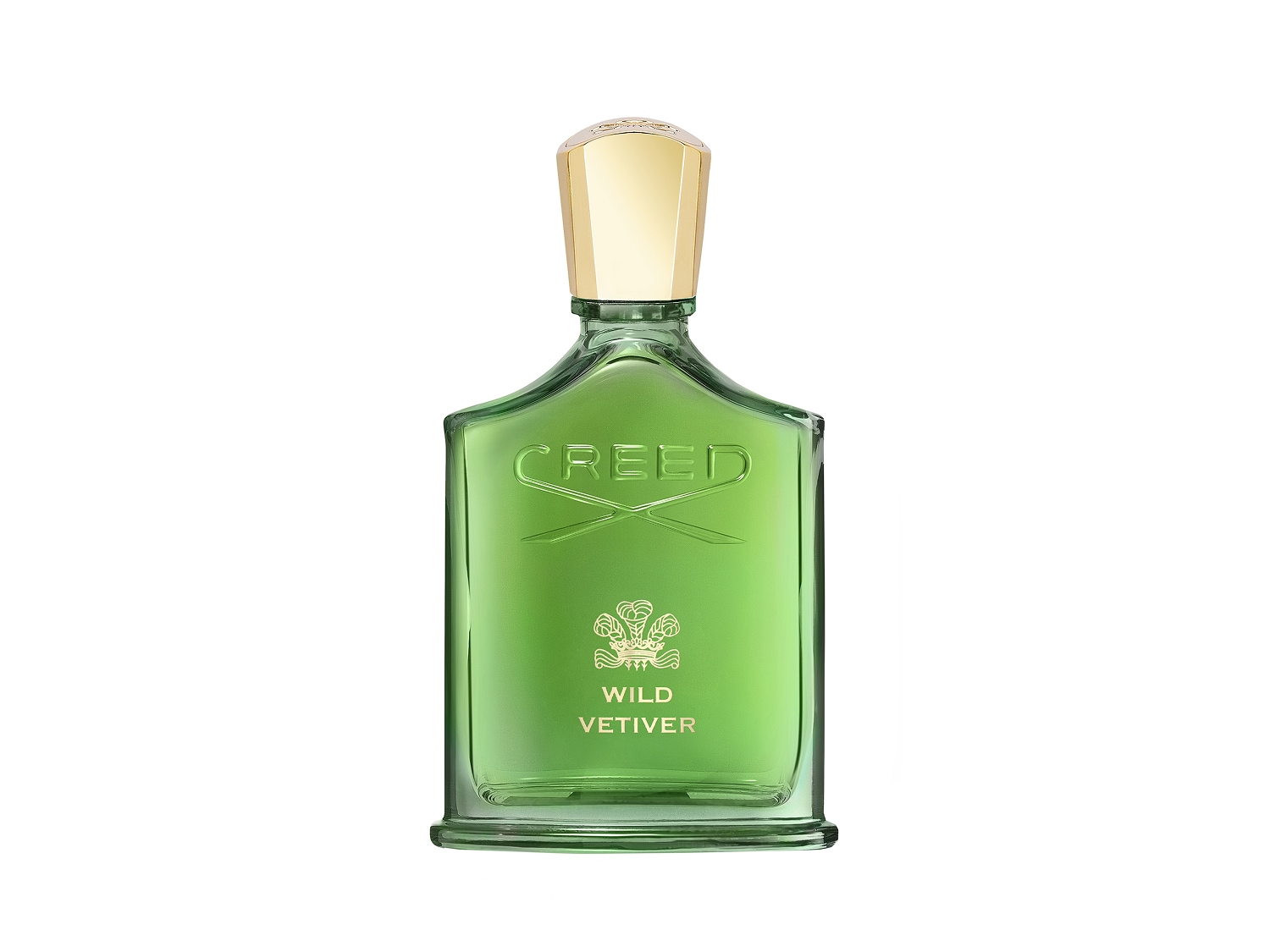 Perfumy Creed Wild Vetiver w zielonej butelce z przezroczystego szkła z wytłoczonym logo marki i złotą zakrętką, stojące na białym tle.