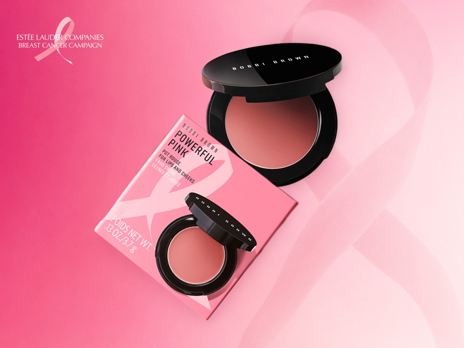 Bobbi Brown Powerful Pink Pot Rouge do ust i policzków, w odcieniu różowym, w czarnym, okrągłym opakowaniu, z różowym pudełkiem z napisem „Estee Lauder Companies Breast Cancer Campaign”.