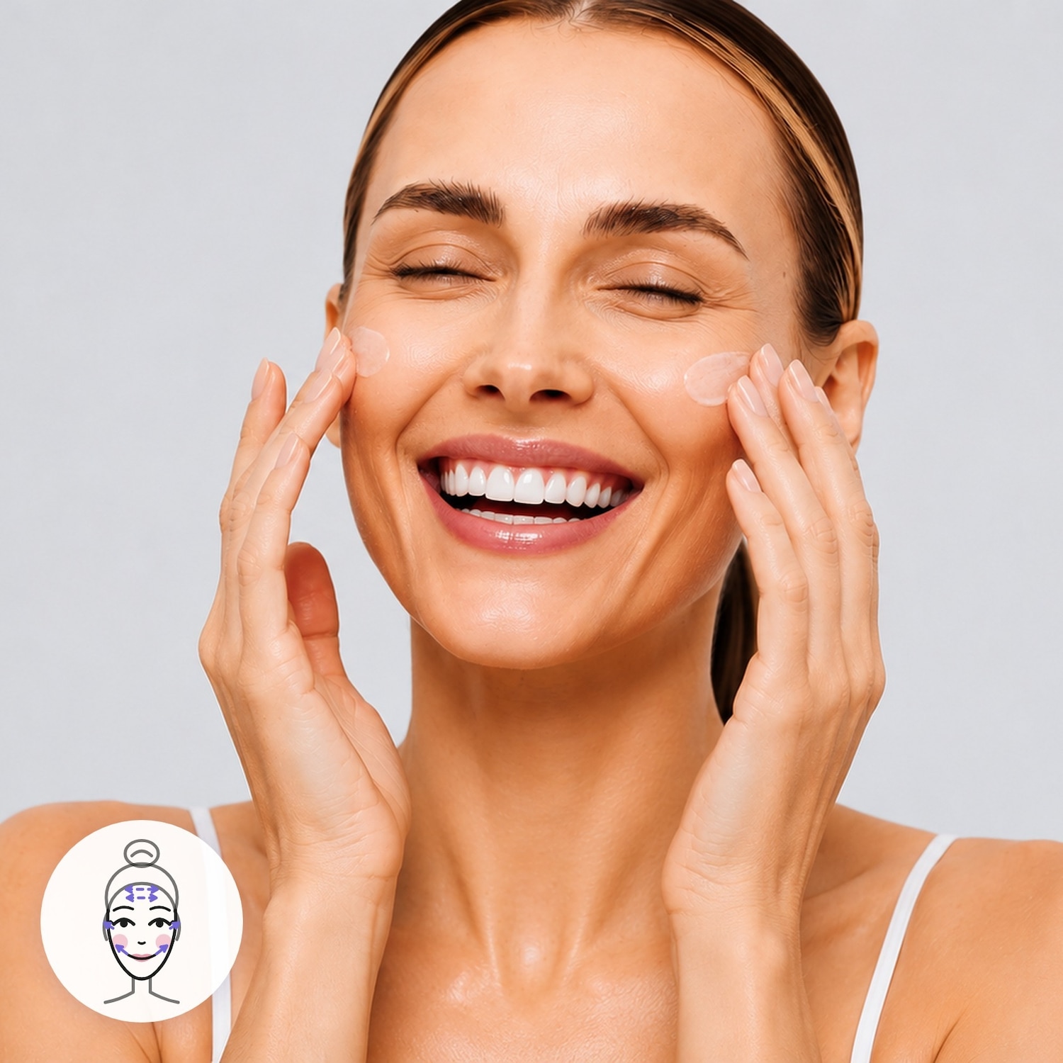 Una donna sorridente con gli occhi chiusi applica una crema idratante chiara sulle guance, con un'icona che mostra i punti di applicazione sul viso.
