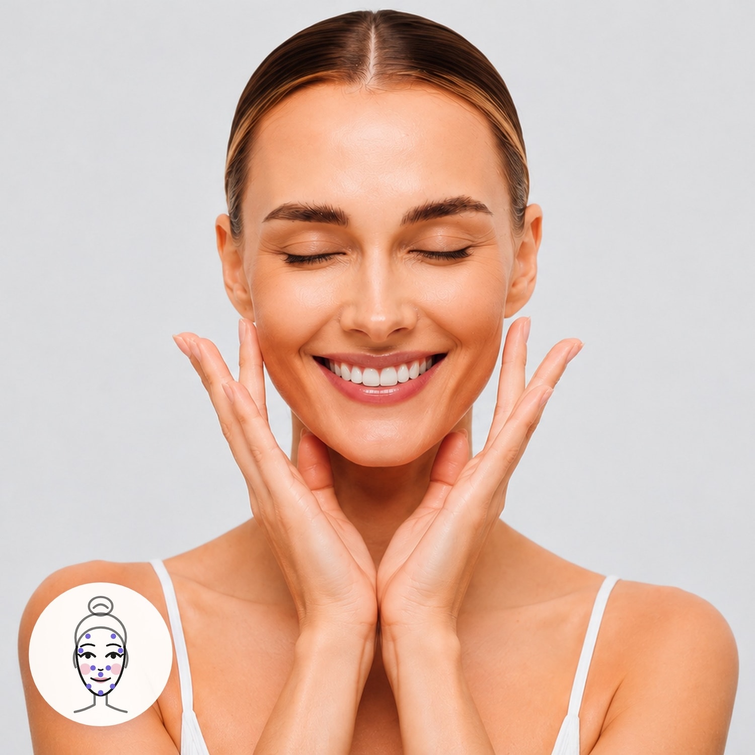 Una donna sorridente con gli occhi chiusi e le mani che le accarezzano il viso, con un'icona che mostra i punti di applicazione del prodotto sul viso.