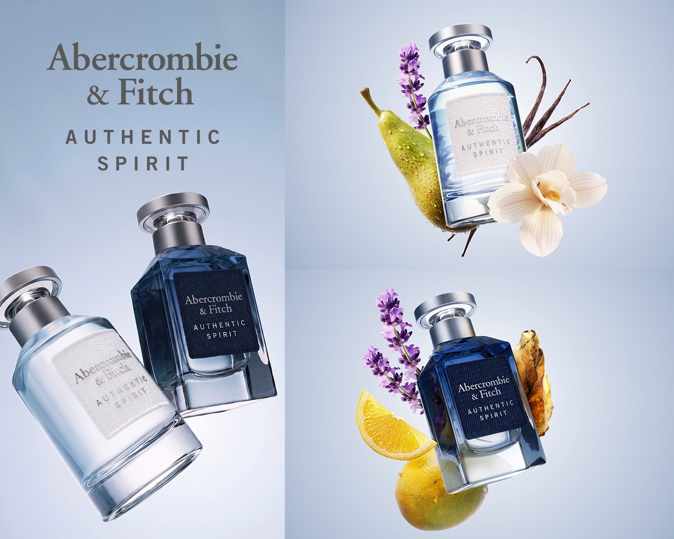 „Abercrombie & Fitch Authentic Spirit“ kvepalai vyrams ir moterims, kuriuos sudaro du stačiakampio formos buteliukai su sidabriniais dangteliais, vienas šviesiai mėlynas, kitas tamsiai mėlynas, su užrašu „Authentic Spirit“.