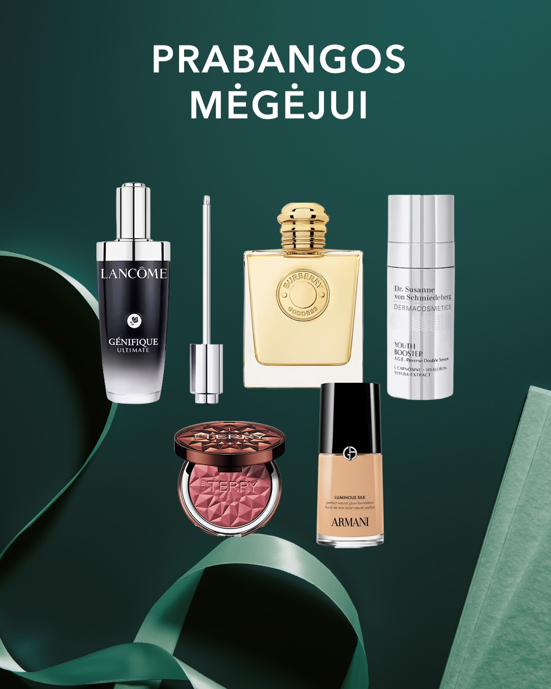Atraskite prabangos mėgėjams skirtą kosmetikos rinkinį, kuriame yra „Lancôme Génifique Ultimate“ serumas, „Burberry Goddess“ kvepalai, „Dr. Susanne von Schmiedeberg Youth Booster“ serumas, „By Terry“ skaistalai ir „Armani Luminous Silk“ makiažo pagrindas.