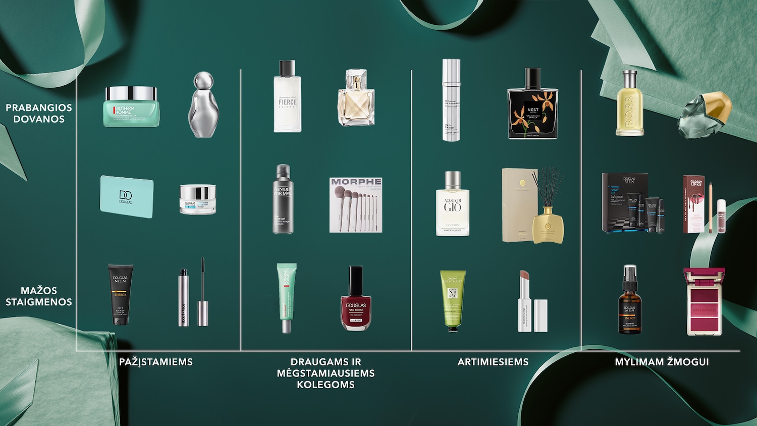 Atraskite prabangias dovanas: šviesiai žalios spalvos „Biotherm Homme Aquapower“ veido kremas, sidabrinis „Douglas“ dovanų kortelės vokas ir sidabrinis „Douglas“ veido kremas.