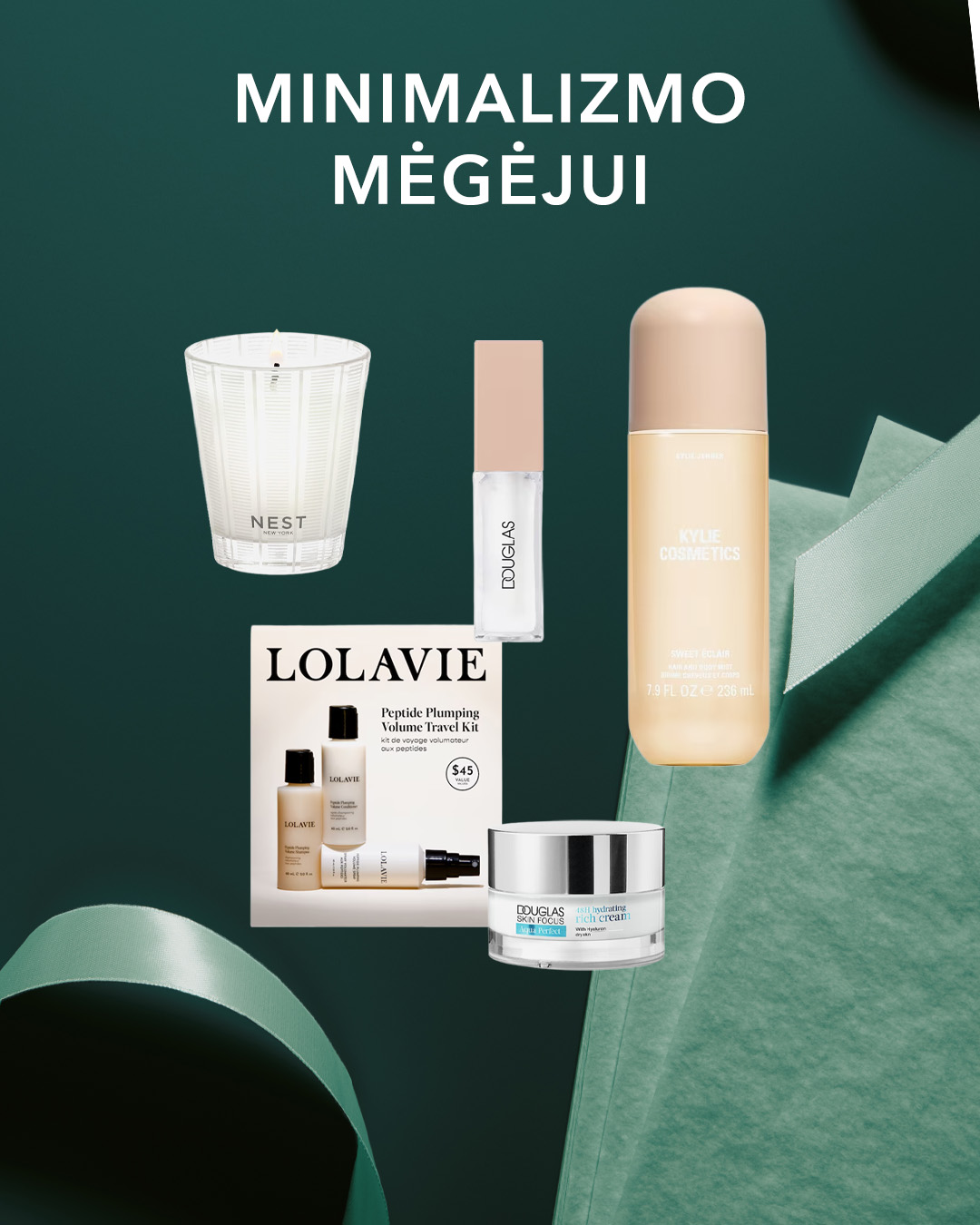 Atraskite minimalistinio grožio esmę su „NEST New York“ žvake, „Douglas“ lūpų blizgiu, „Kylie Cosmetics“ kūno losjonu, „Lolavie“ kelioniniu rinkiniu ir „Douglas Skin Focus“ kremu, kurie puikiai tinka dovanoti.