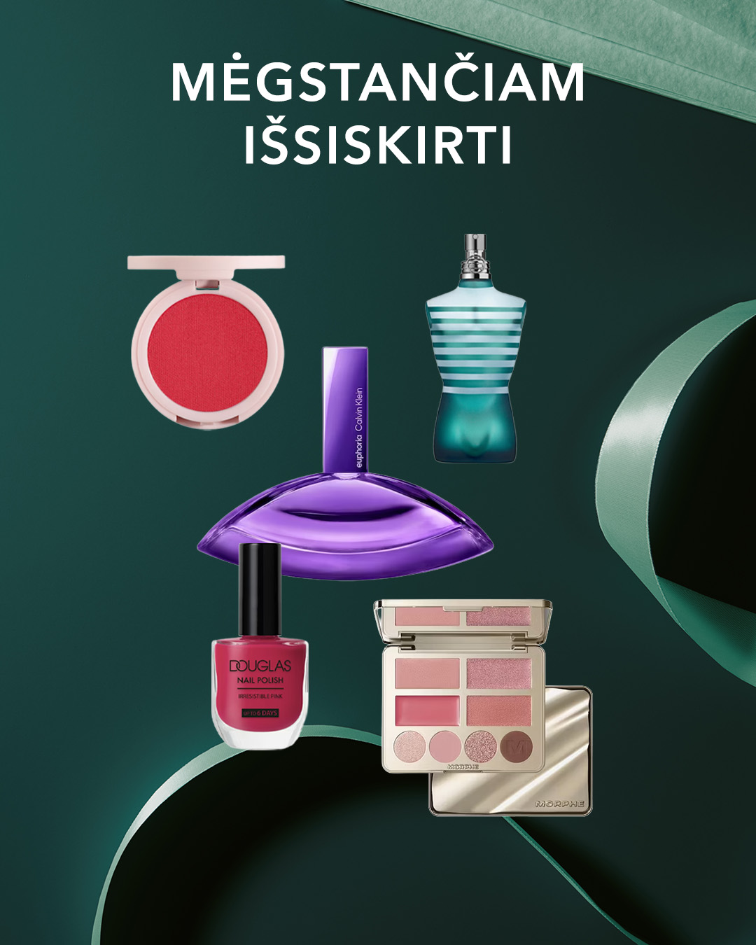 Mėgstančiam išsiskirti: atraskite ryškius grožio produktus, įskaitant raudoną skaistalų paletę, violetinius kvepalus, turkio spalvos kvepalus, rožinį nagų laką ir rožinių atspalvių makiažo paletę.