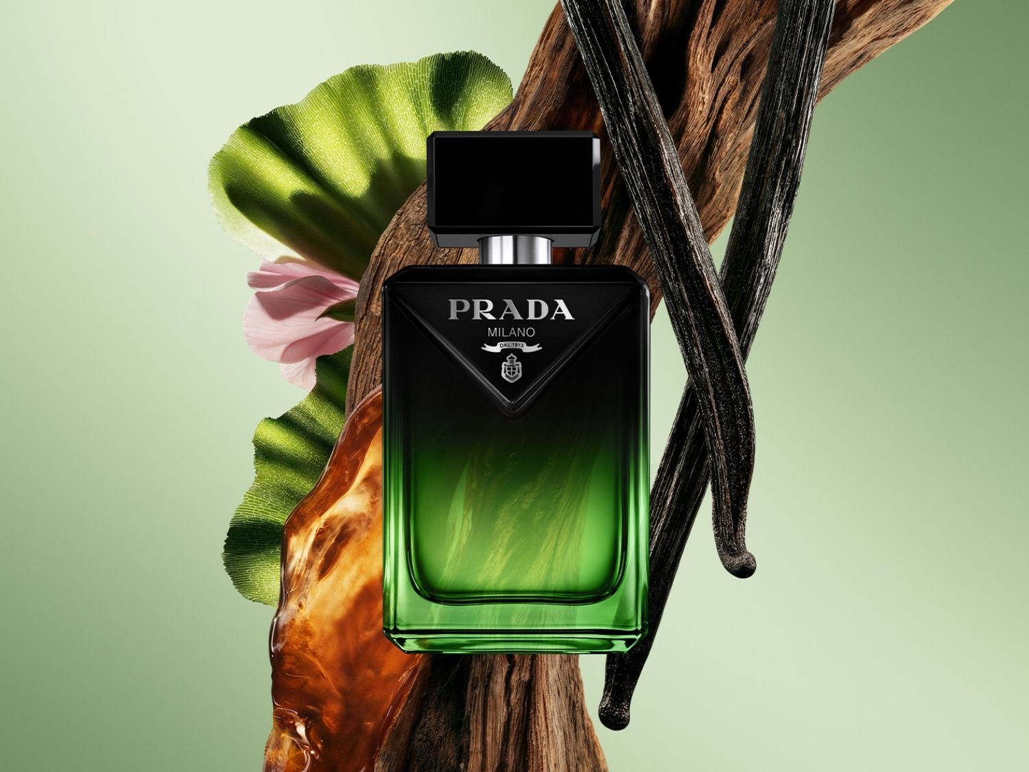 Parfém Prada Luna Rossa Ocean v zeleném flakonu s černým víčkem, obklopený dřevěnými kousky, vanilkovými lusky a zelenými listy, na světle zeleném pozadí.