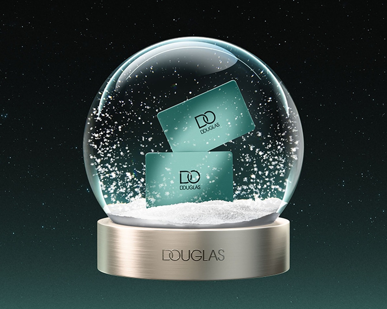 Une boule à neige festive avec deux cartes-cadeaux Douglas vertes à l'intérieur, sur un fond étoilé, évoquant la magie des fêtes.