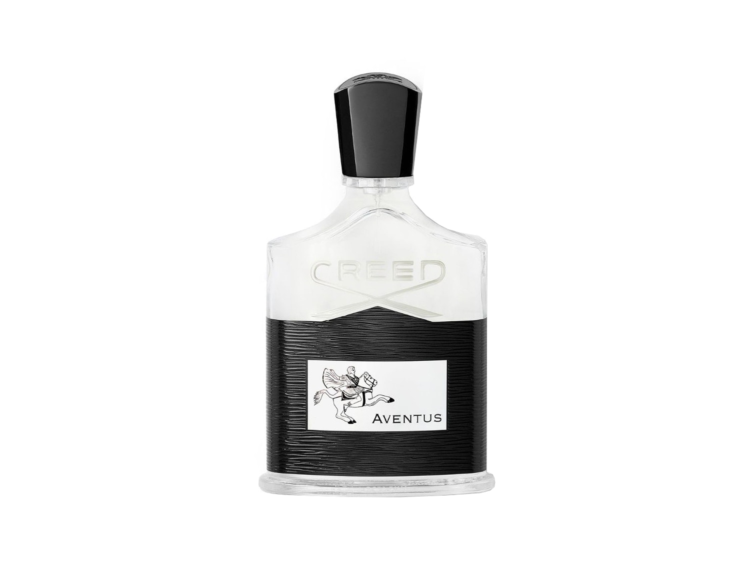 Parfém Creed Aventus je dodáván v elegantní lahvičce s černým víčkem a černým texturovaným podstavcem, který zdobí bílý štítek s vyobrazením jezdce na koni a nápisem "AVENTUS".