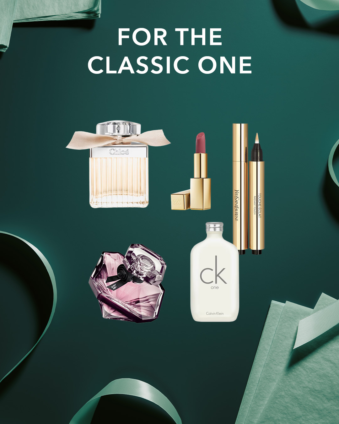Entdecken Sie zeitlose Eleganz mit dem Chloé Eau de Parfum, einem klassischen Duft in einem geriffelten Glasflakon mit beiger Schleife, und dem Yves Saint Laurent Lippenstift in Goldhülse mit rosafarbenem Lippenstift.