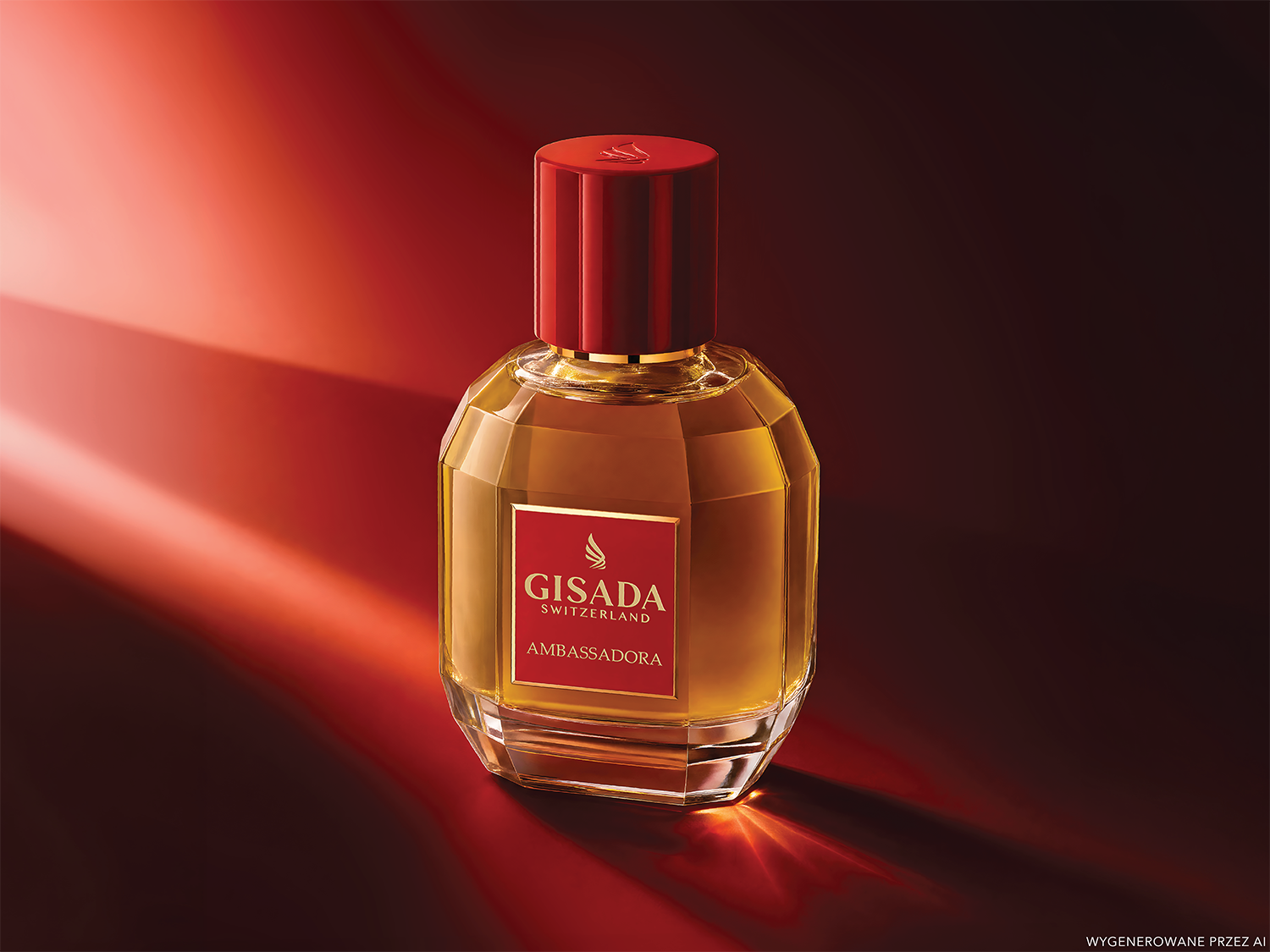 Flakon perfum Gisada Switzerland Ambassadora o bursztynowym płynie i czerwonej etykiecie z nazwą marki, umieszczony na tle w odcieniach czerwieni i brązu.