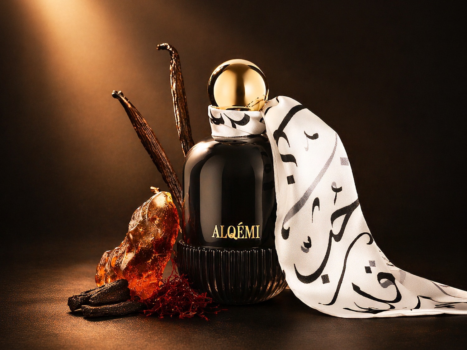 Le parfum Alqémi est présenté dans un flacon noir élégant avec un bouchon doré, orné d'un foulard blanc et noir, entouré de gousses de vanille, de safran et d'une résine ambrée.