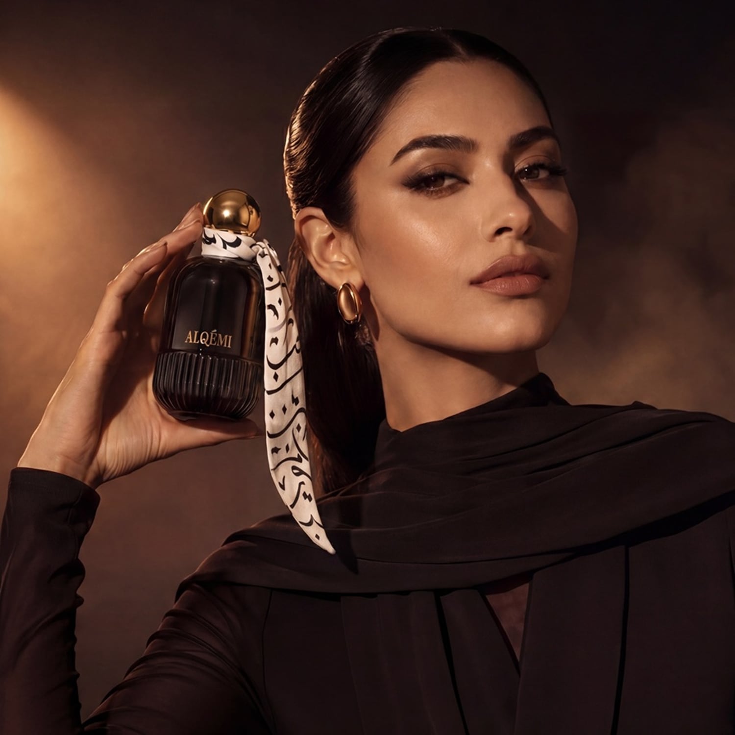 Une femme aux cheveux foncés et aux yeux marron tient une bouteille de parfum noire ALQEMI avec un bouchon doré et un foulard blanc à motifs noirs, vêtue d'une robe marron foncé.