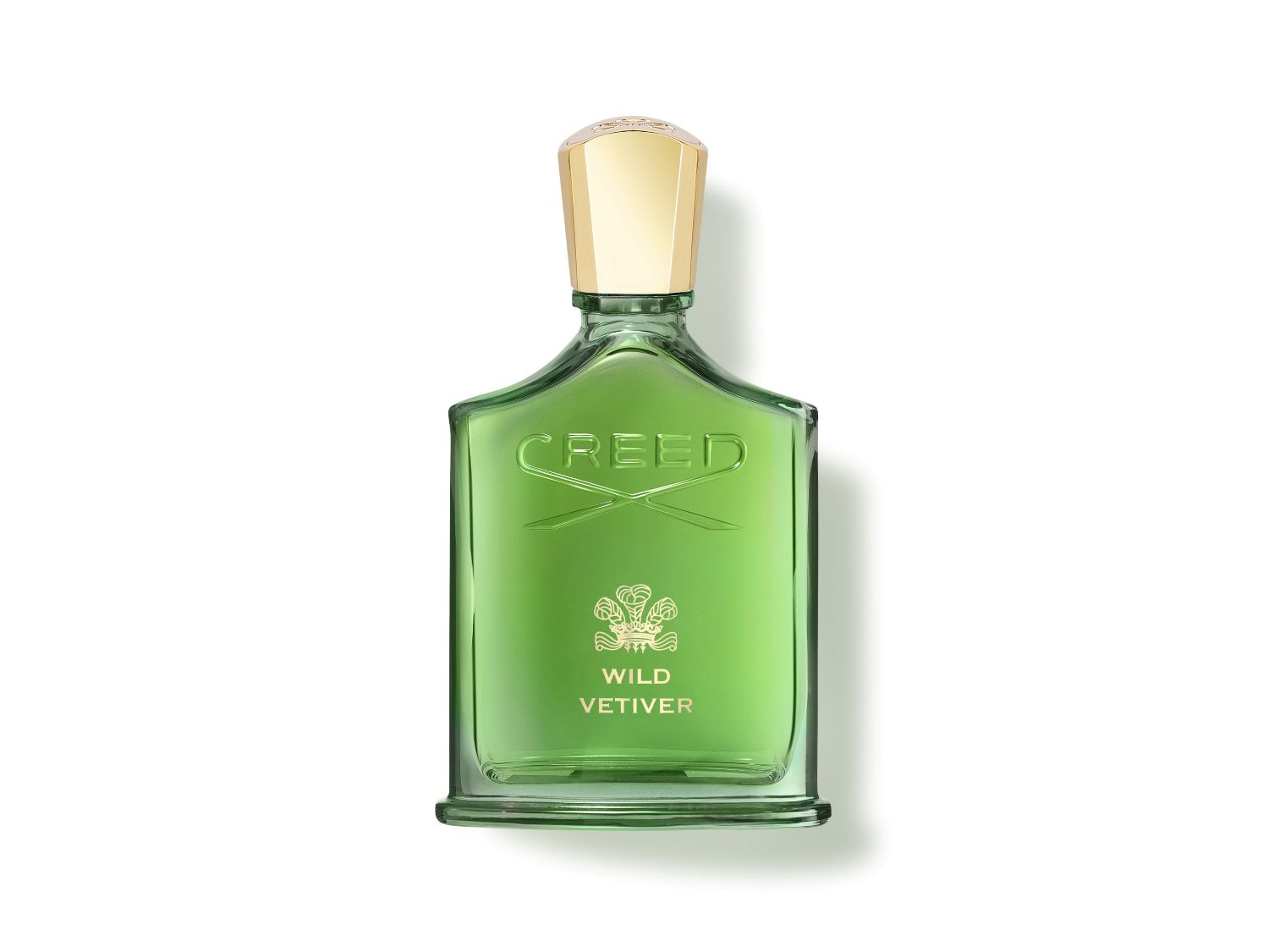 A Creed Wild Vetiver parfüm egy elegáns, zöld üvegben, arany kupakkal, amely a márka logóját és a "Wild Vetiver" feliratot viseli.