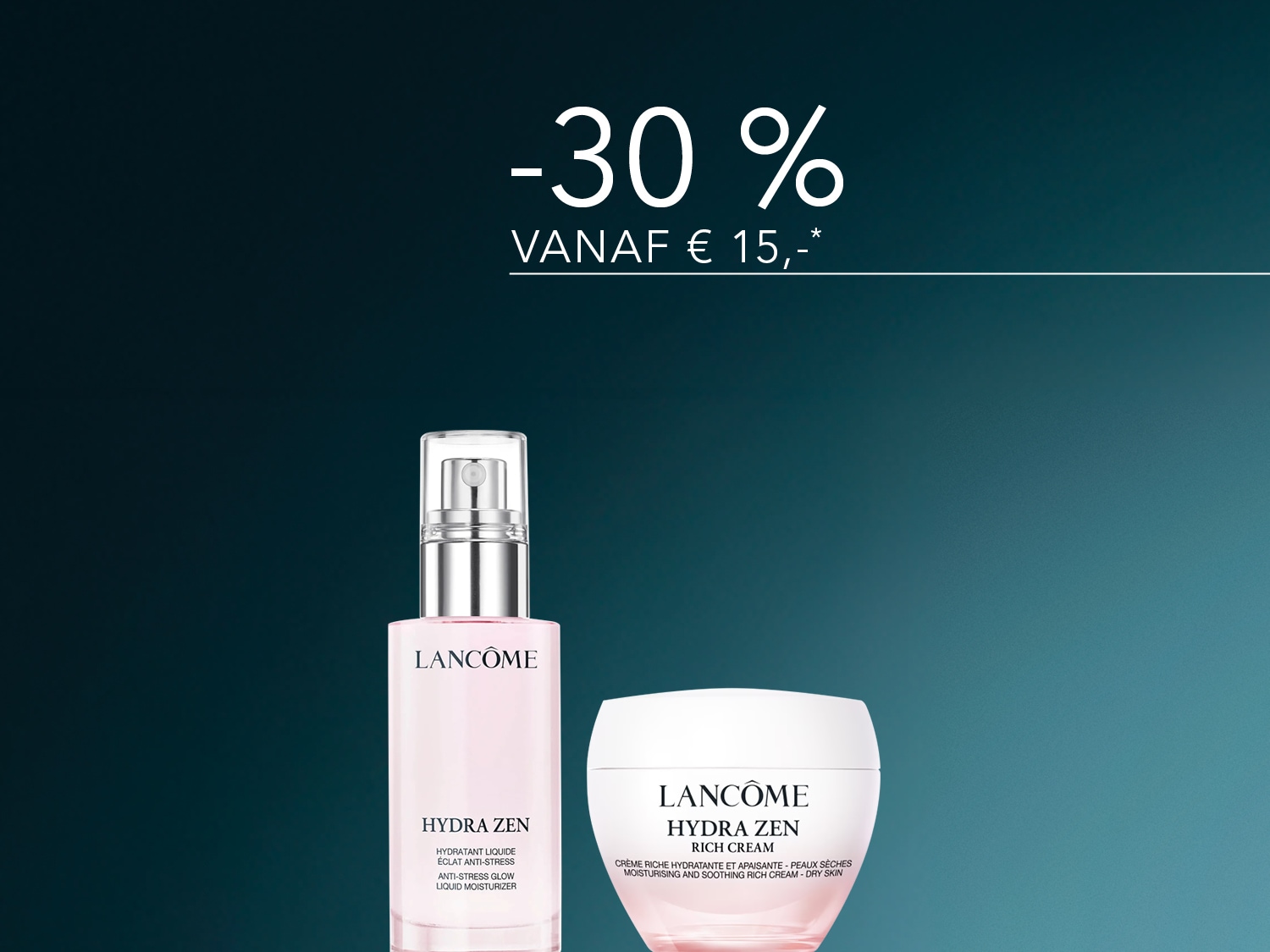 Ontdek de Lancôme Hydra Zen collectie met 30% korting vanaf €15, inclusief de Anti-Stress Glow Liquid Moisturizer in een roze flesje en de Rich Cream in een wit potje.
