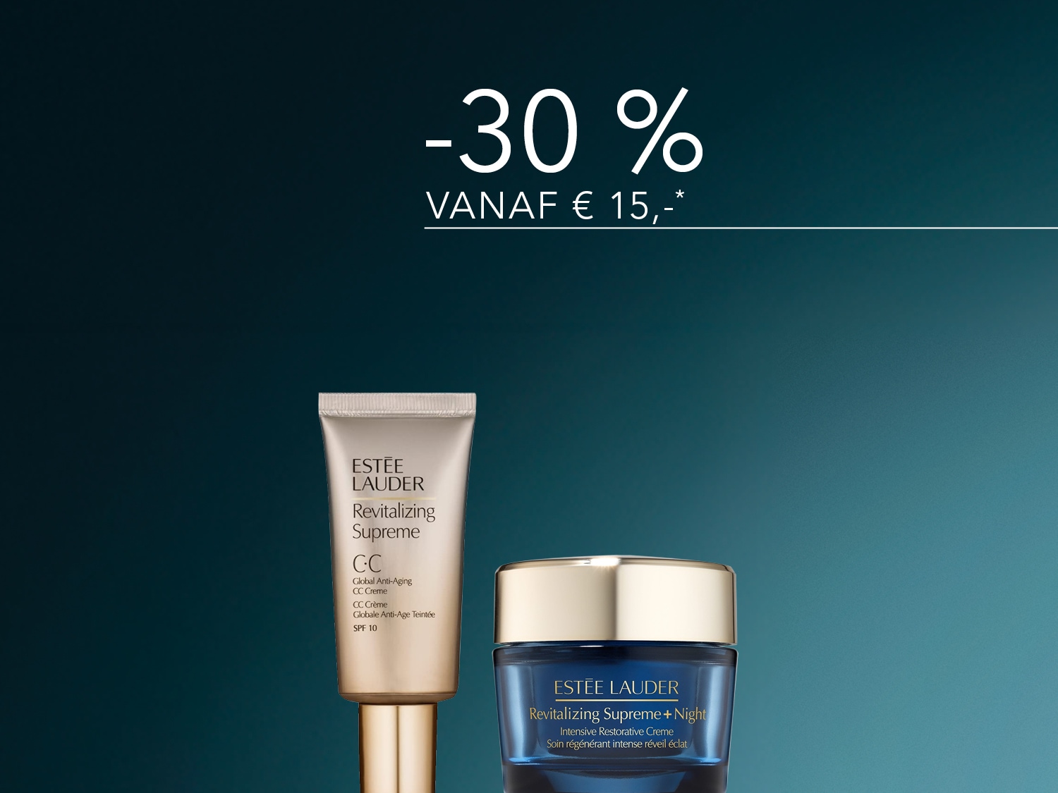 Ontdek de Estée Lauder Revitalizing Supreme CC Crème met SPF 10 en de Revitalizing Supreme + Night Intensive Restorative Crème, nu met 30% korting vanaf €15.