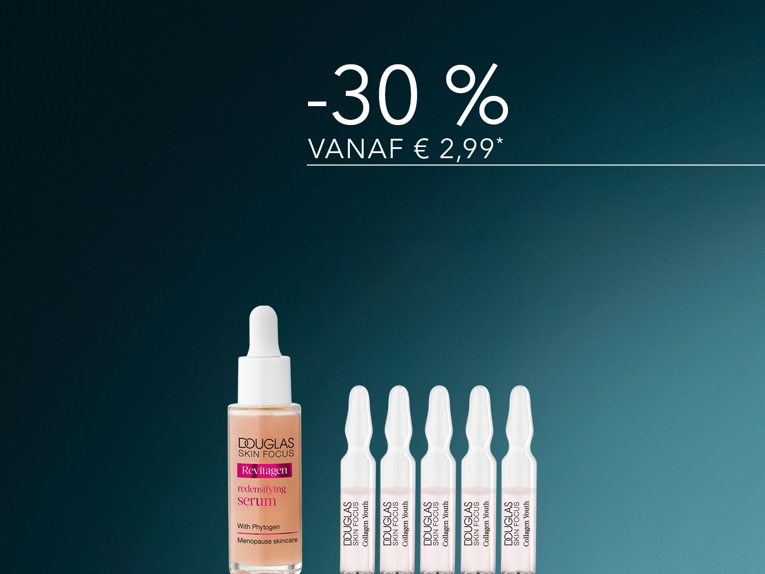 Ontdek de Douglas Skin Focus Revitagén redensifying serum met Phytogen voor de menopauze huid en vijf ampullen Douglas Skin Focus Collagen Youth, nu met 30% korting vanaf €2,99.