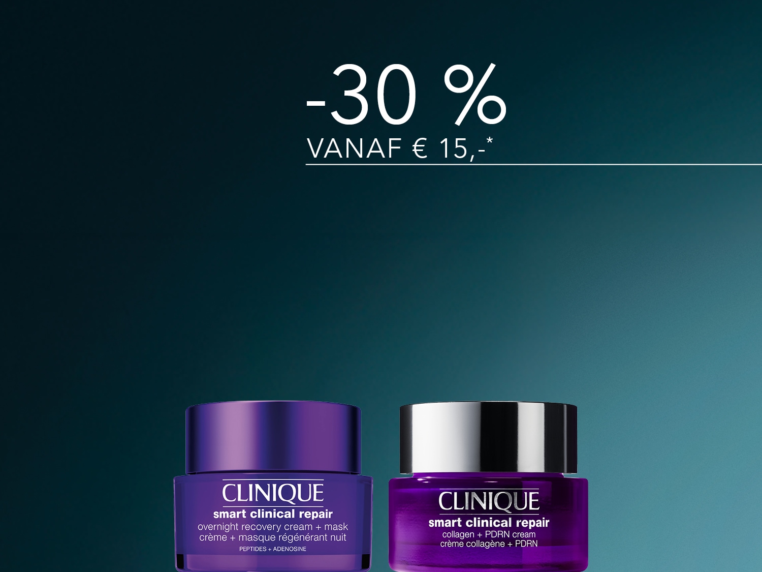 Ontdek de Clinique Smart Clinical Repair nachtcrème en masker, verrijkt met peptiden en adenosine, en de collageen + PDRN crème, nu met 30% korting vanaf €15.