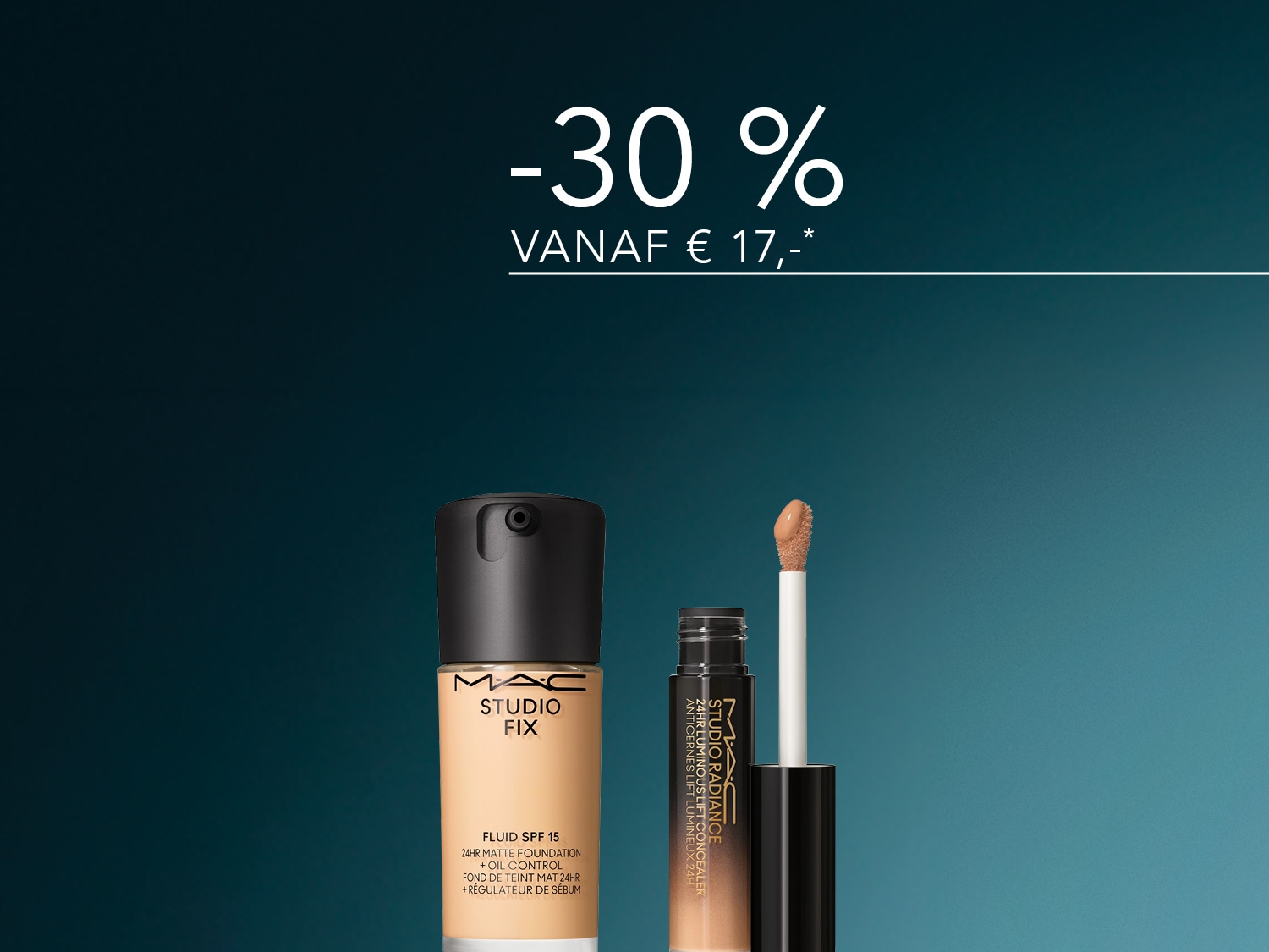 Ontdek de MAC Studio Fix Fluid SPF 15 foundation en Studio Radiance 24HR Luminous Lift Concealer, nu met 30% korting vanaf €17,-.
