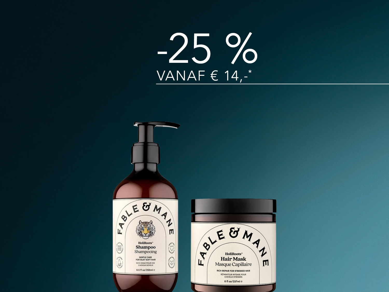Ontdek de Fable & Mane HoliRoots Shampoo en het Haarmasker, nu met 25% korting vanaf €14,-, voor zijdezacht en hersteld haar.