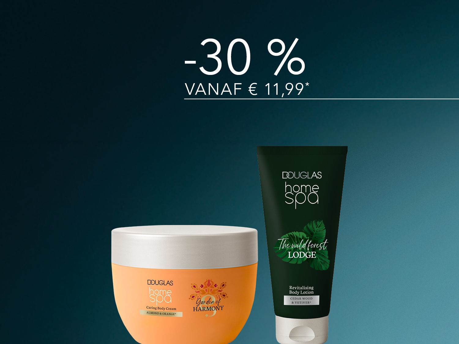 Ontdek de Douglas Home Spa collectie met 30% korting vanaf €11,99, inclusief de oranje pot Caring Body Cream Almond & Orange en de donkergroene tube Revitalising Body Lotion Cedar Wood & Vetiver.