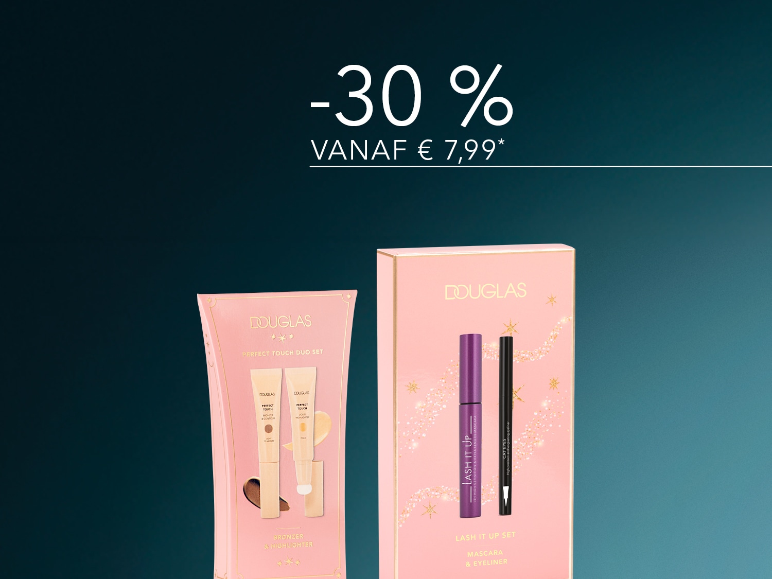 Ontdek de Douglas Perfect Touch Duo Set met bronzer en highlighter in een elegante roze verpakking, perfect voor een stralende look.