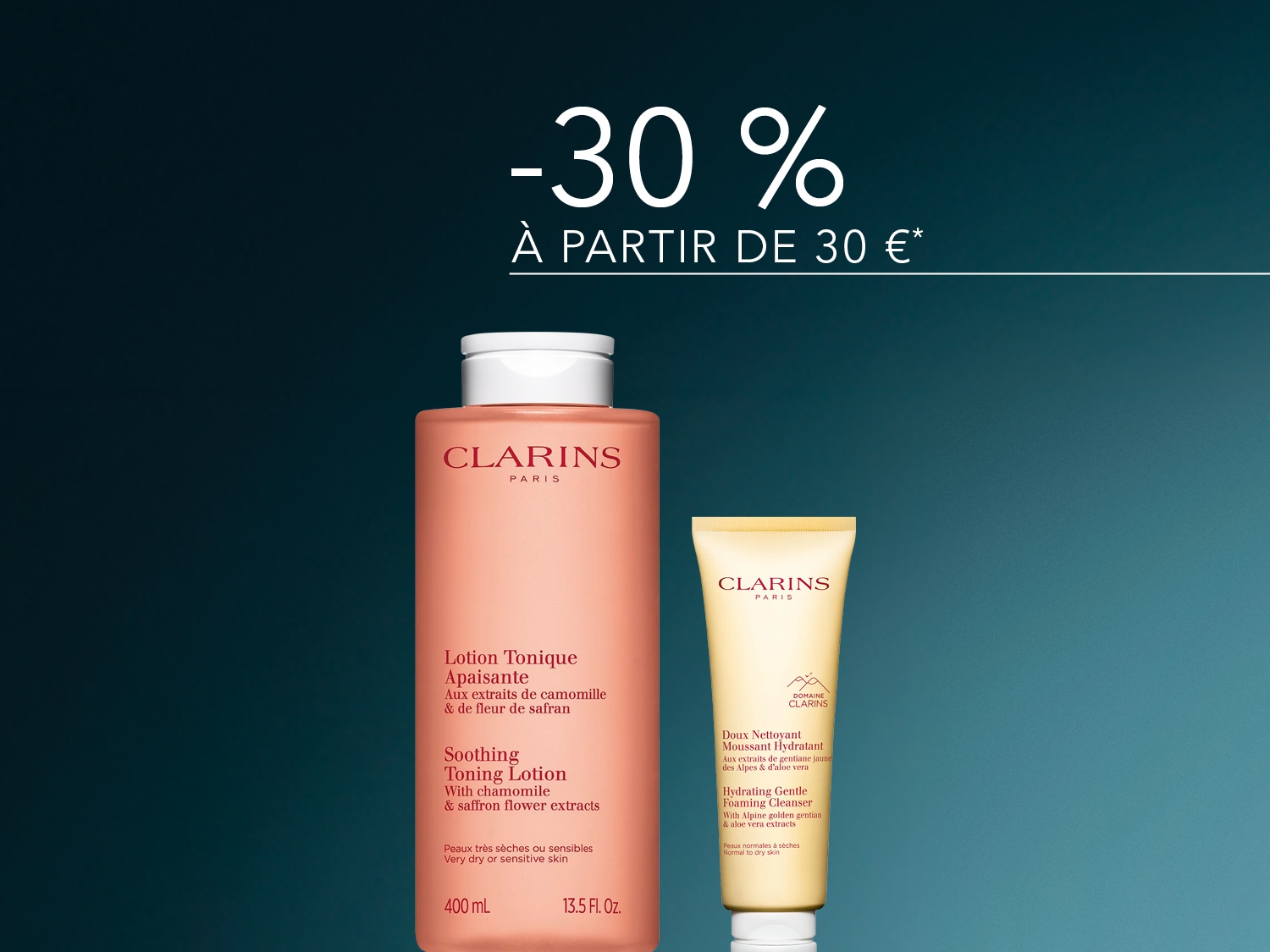Découvrez la lotion tonique apaisante Clarins de 400 ml, formulée avec des extraits de camomille et de fleur de safran pour les peaux très sèches ou sensibles, et le nettoyant moussant hydratant Clarins de 125 ml, enrichi en gentiane jaune des Alpes et en extraits d'aloe vera pour les peaux normales à sèches, le tout avec une réduction de 30 % à partir de 30 € d'achat.
