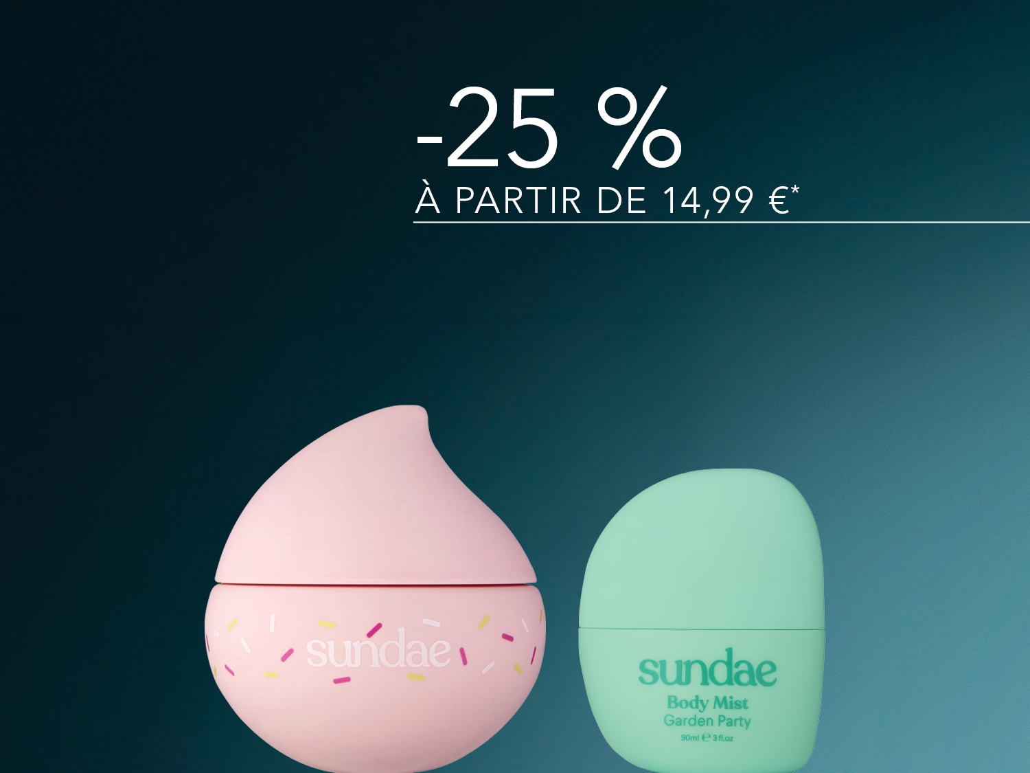 Découvrez les brumes corporelles Sundae, avec une réduction de 25 % à partir de 14,99 €, incluant une brume rose en forme de crème glacée et une brume vert menthe de 90 ml.