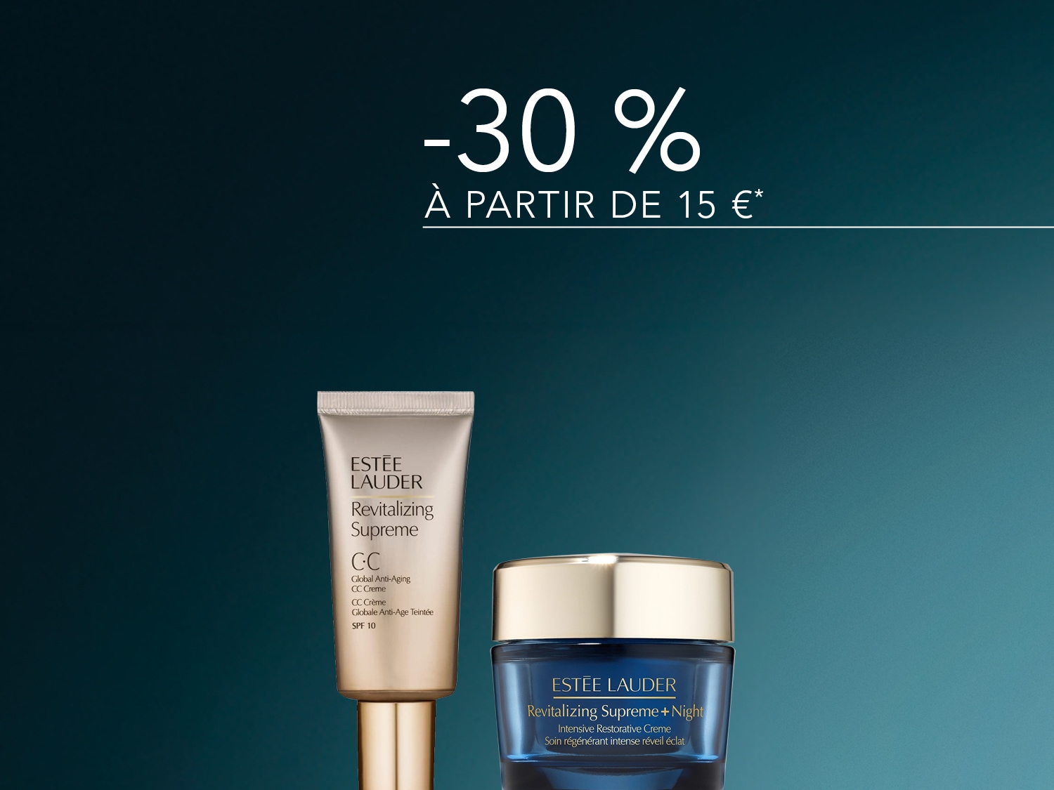 Découvrez la crème CC anti-âge globale Estée Lauder Revitalizing Supreme avec SPF 10, présentée dans un tube doré élégant, et la crème de nuit réparatrice intensive Revitalizing Supreme + Night dans un pot bleu saphir, toutes deux disponibles avec une réduction de 30% à partir de 15€.