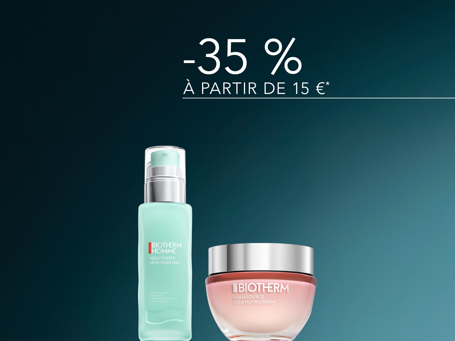 Découvrez le gel avancé Biotherm Homme Aquapower et la crème Biotherm Aquasource Cica Nutri, tous deux disponibles avec une réduction de 35 % à partir de 15 €.